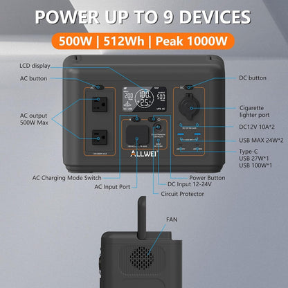 ALLWEI 500W Solar Generator with 100W Solar Panel, 512Wh LiFePO4 Battery