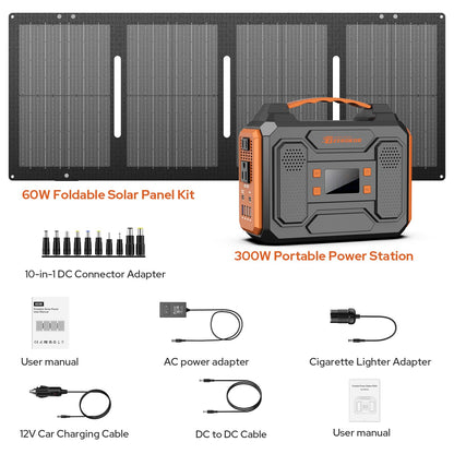 Portable Solar Generator 300W Portable Power Station with 60W Solar Panel